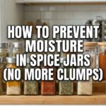 A brightly lit kitchen counter featuring a wooden spice rack with glass jars of paprika, cumin, and garlic powder, overlaid with bold text that reads How to Prevent Moisture in Spice Jars (No More Clumps).