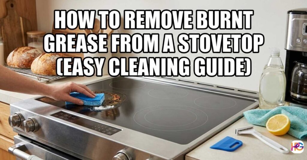 A person using a blue non-scratch sponge to clean a glass stovetop with baking soda. The image features the title "How to Remove Burnt Grease from a Stovetop (Easy Cleaning Guide)" in bold white Impact font.
