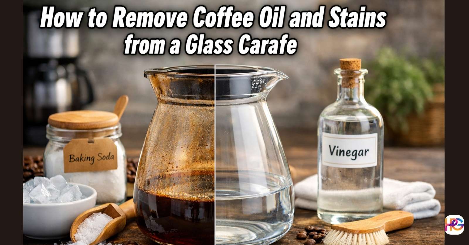 Before and after view of a glass coffee carafe showing heavy coffee oil stains on one side and a clean, clear surface on the other, with baking soda, vinegar, salt, and ice nearby.
