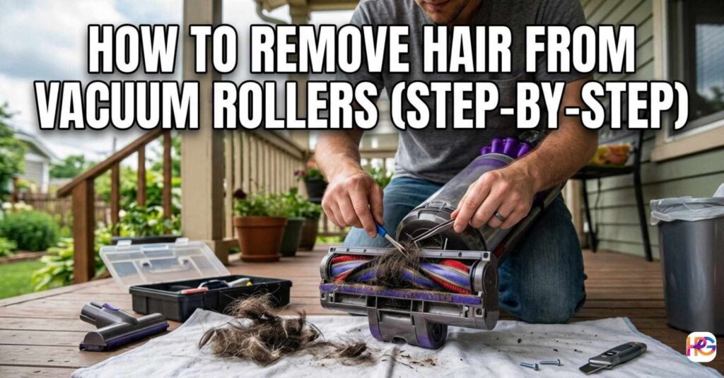 A man sitting on a wooden porch using a seam ripper and tweezers to remove a large amount of tangled pet hair and long hair from a vacuum brush roll.