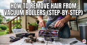 A man sitting on a wooden porch using a seam ripper and tweezers to remove a large amount of tangled pet hair and long hair from a vacuum brush roll.
