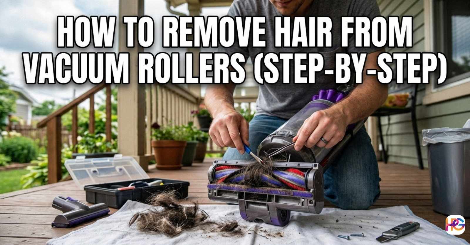 A man sitting on a wooden porch using a seam ripper and tweezers to remove a large amount of tangled pet hair and long hair from a vacuum brush roll.