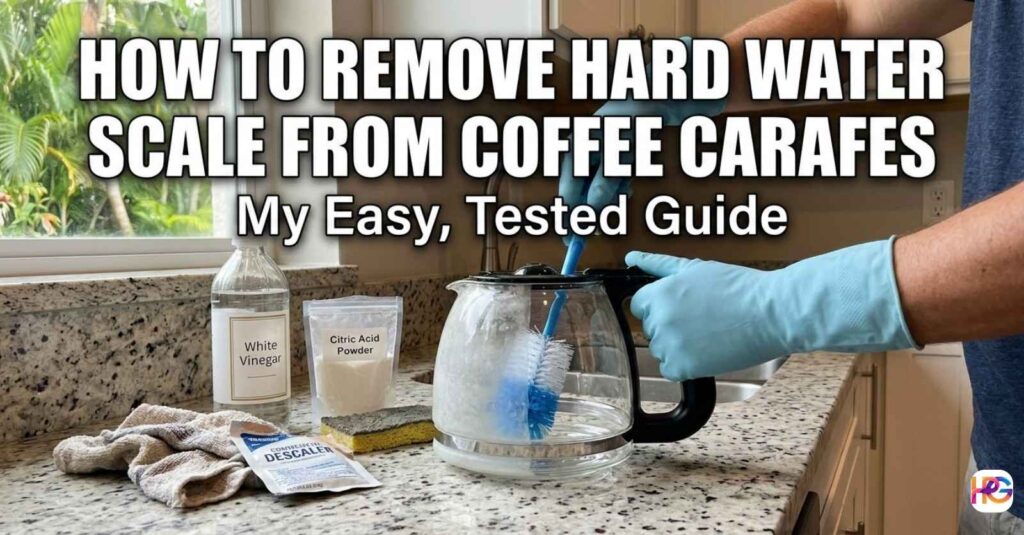 A person wearing blue gloves uses a scrub brush to clean a cloudy glass coffee carafe on a kitchen counter. Cleaning supplies like white vinegar, citric acid powder, and a sponge sit nearby. Bold text at the top reads, "How to Remove Hard Water Scale from Coffee Carafes - My Easy, Tested Guide."