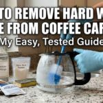 A person wearing blue gloves uses a scrub brush to clean a cloudy glass coffee carafe on a kitchen counter. Cleaning supplies like white vinegar, citric acid powder, and a sponge sit nearby. Bold text at the top reads, "How to Remove Hard Water Scale from Coffee Carafes - My Easy, Tested Guide."