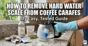 A person wearing blue gloves uses a scrub brush to clean a cloudy glass coffee carafe on a kitchen counter. Cleaning supplies like white vinegar, citric acid powder, and a sponge sit nearby. Bold text at the top reads, "How to Remove Hard Water Scale from Coffee Carafes - My Easy, Tested Guide."