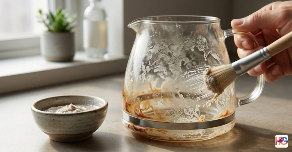 A detailed close-up shot of a hand using a wooden-handled brush to scrub coffee-stained glass inside a carafe, with a bowl of cleaning paste and a window in the background.