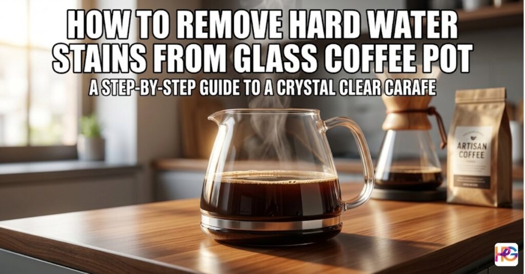 A crystal clear glass coffee carafe sitting on a wooden kitchen counter with bold text overlay: "How to remove hard water stains from glass coffee pot."