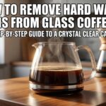 A crystal clear glass coffee carafe sitting on a wooden kitchen counter with bold text overlay: "How to remove hard water stains from glass coffee pot."