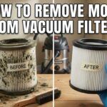 A split-screen comparison showing a dirty, moldy vacuum filter on the left and a clean, white vacuum filter on the right with cleaning supplies.