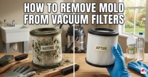 A split-screen comparison showing a dirty, moldy vacuum filter on the left and a clean, white vacuum filter on the right with cleaning supplies.