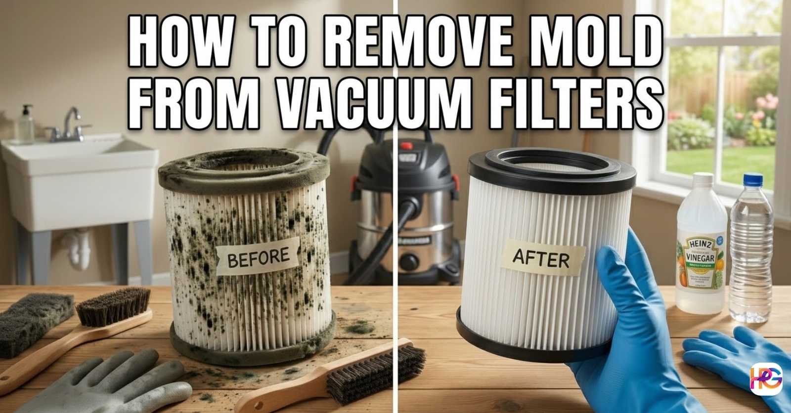 A split-screen comparison showing a dirty, moldy vacuum filter on the left and a clean, white vacuum filter on the right with cleaning supplies.