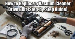 Hands wearing gray gloves putting a new drive belt on an open vacuum cleaner next to simple hand tools.