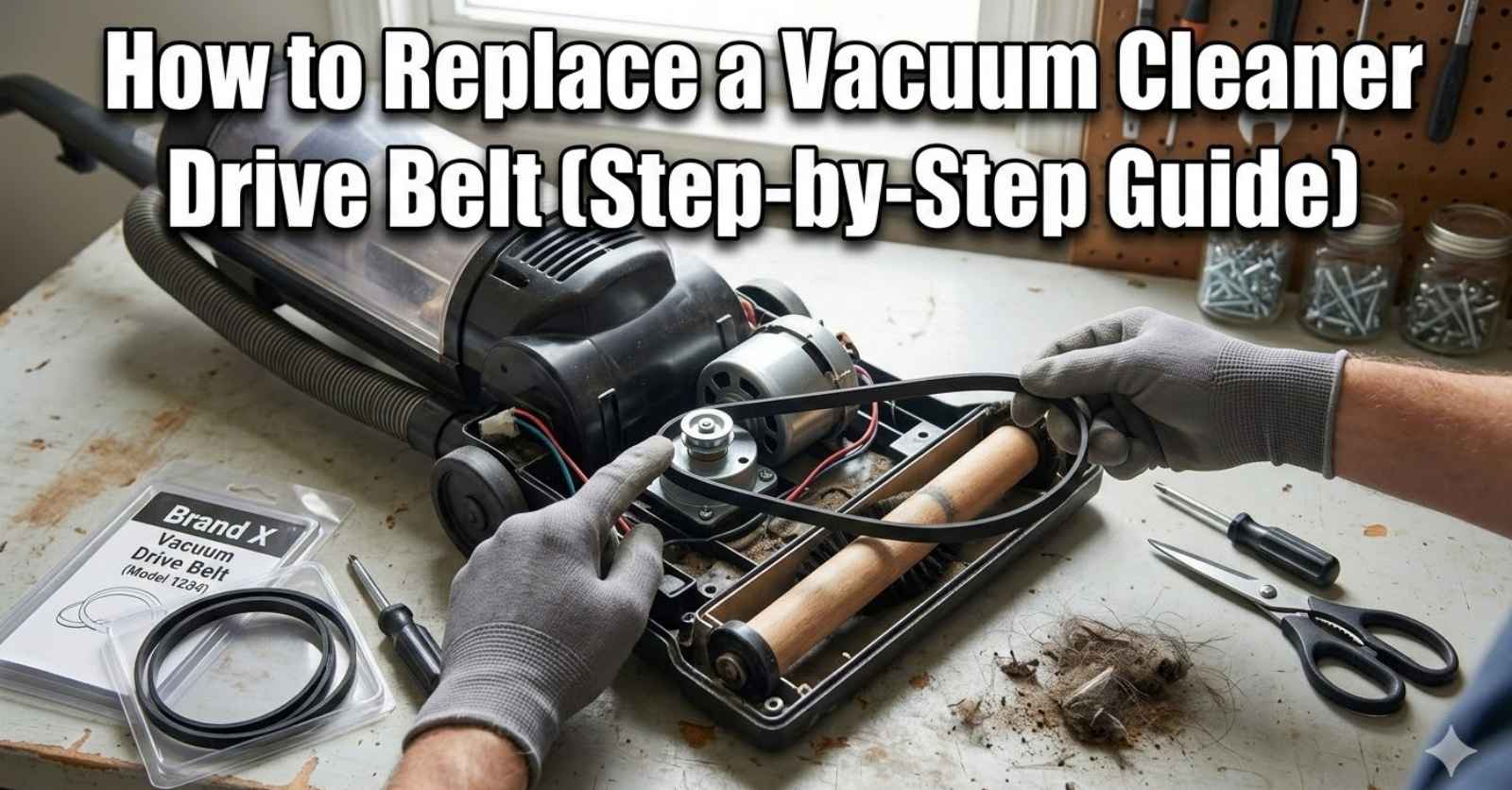 Hands wearing gray gloves putting a new drive belt on an open vacuum cleaner next to simple hand tools.