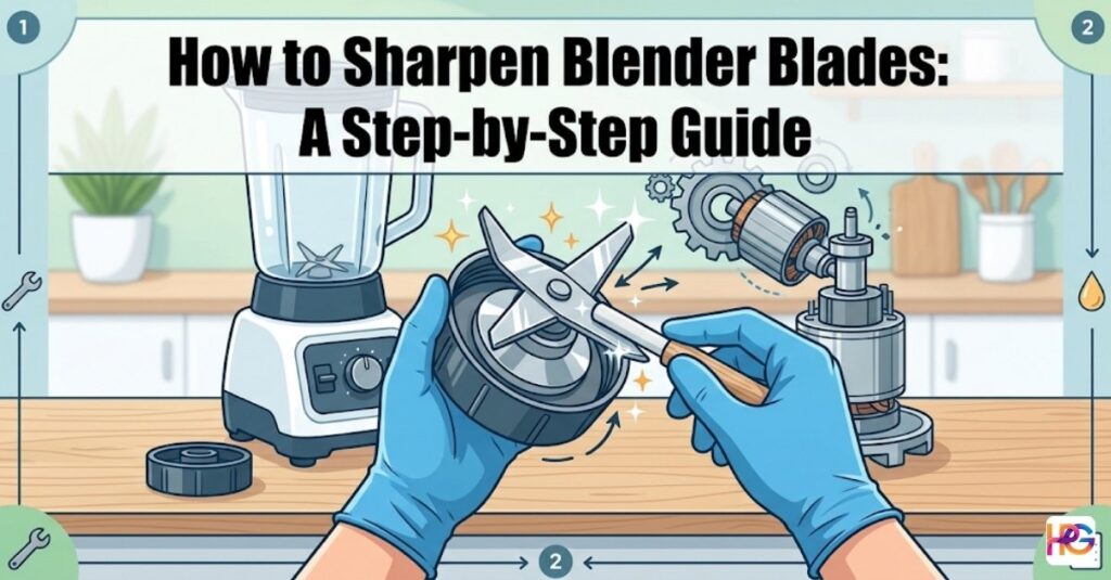 An illustration of hands in blue gloves holding a blender blade assembly over a kitchen counter, with a technical diagram of a motor and the text "How to Sharpen Blender Blades: A Step-by-Step Guide" in bold letters.