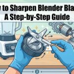An illustration of hands in blue gloves holding a blender blade assembly over a kitchen counter, with a technical diagram of a motor and the text "How to Sharpen Blender Blades: A Step-by-Step Guide" in bold letters.