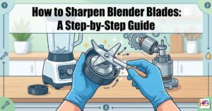 An illustration of hands in blue gloves holding a blender blade assembly over a kitchen counter, with a technical diagram of a motor and the text "How to Sharpen Blender Blades: A Step-by-Step Guide" in bold letters.