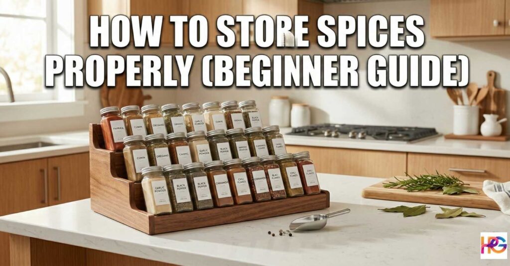 A photograph of a multi-tiered wooden spice rack on a white kitchen counter, filled with uniformly labeled glass spice jars. In the background is a bright kitchen with light wood cabinets and a stovetop. The headline "HOW TO STORE SPICES PROPERLY (BEGINNER GUIDE)" is displayed in large, white, impactful letters at the top.