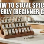 A photograph of a multi-tiered wooden spice rack on a white kitchen counter, filled with uniformly labeled glass spice jars. In the background is a bright kitchen with light wood cabinets and a stovetop. The headline "HOW TO STORE SPICES PROPERLY (BEGINNER GUIDE)" is displayed in large, white, impactful letters at the top.