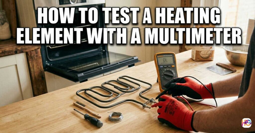Person wearing red safety gloves testing an oven heating element with a yellow digital multimeter. Large text reads How to Test a Heating Element with a Multimeter.