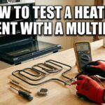Person wearing red safety gloves testing an oven heating element with a yellow digital multimeter. Large text reads How to Test a Heating Element with a Multimeter.