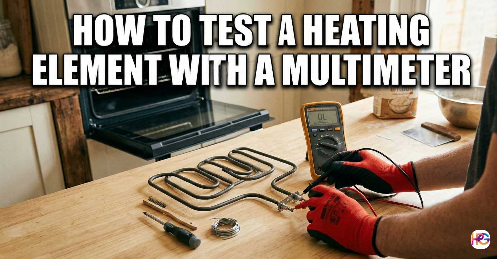 Person wearing red safety gloves testing an oven heating element with a yellow digital multimeter. Large text reads How to Test a Heating Element with a Multimeter.