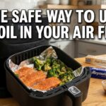 A black air fryer sits on a wood counter. The basket holds fish and broccoli on a piece of foil. White text says How to Use Tin Foil in Air Fryer safely