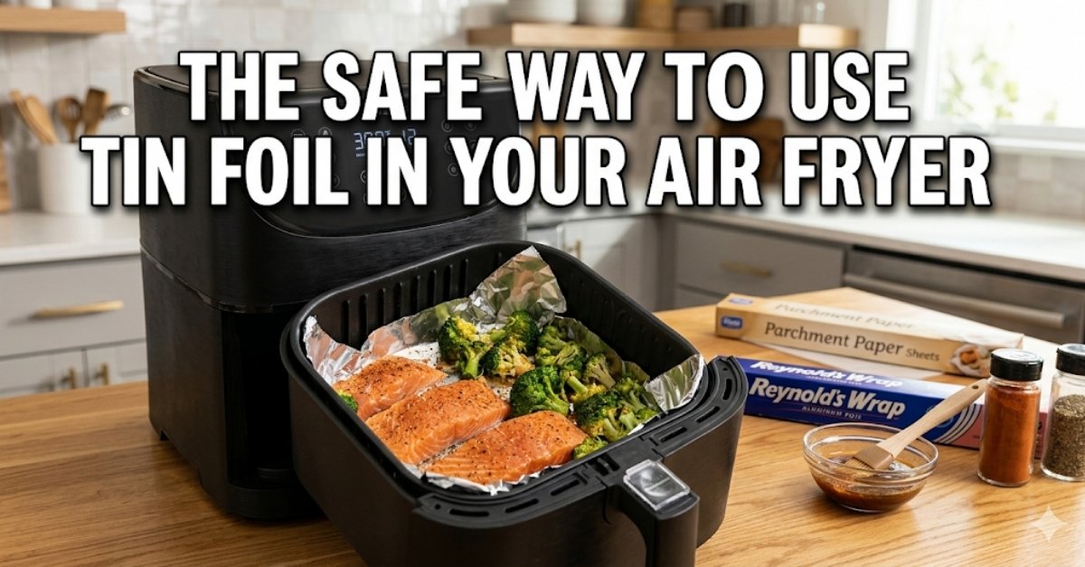 A black air fryer sits on a wood counter. The basket holds fish and broccoli on a piece of foil. White text says How to Use Tin Foil in Air Fryer safely