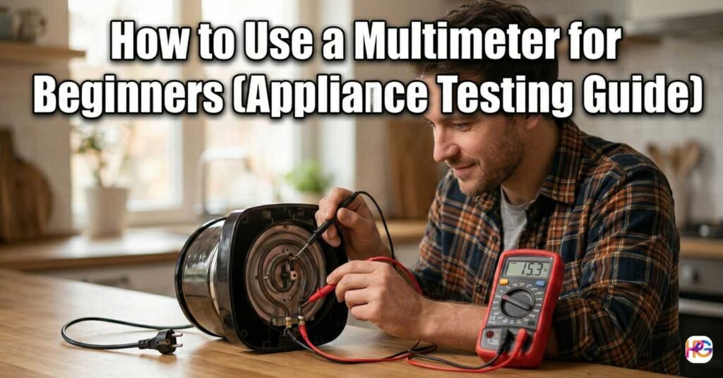 A smiling man safely tests an unplugged appliance heating element using a red digital multimeter on a kitchen counter. Text overlay: How to Use a Multimeter for Beginners (Appliance Testing Guide).