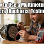 A smiling man safely tests an unplugged appliance heating element using a red digital multimeter on a kitchen counter. Text overlay: How to Use a Multimeter for Beginners (Appliance Testing Guide).