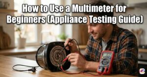 A smiling man safely tests an unplugged appliance heating element using a red digital multimeter on a kitchen counter. Text overlay: How to Use a Multimeter for Beginners (Appliance Testing Guide).