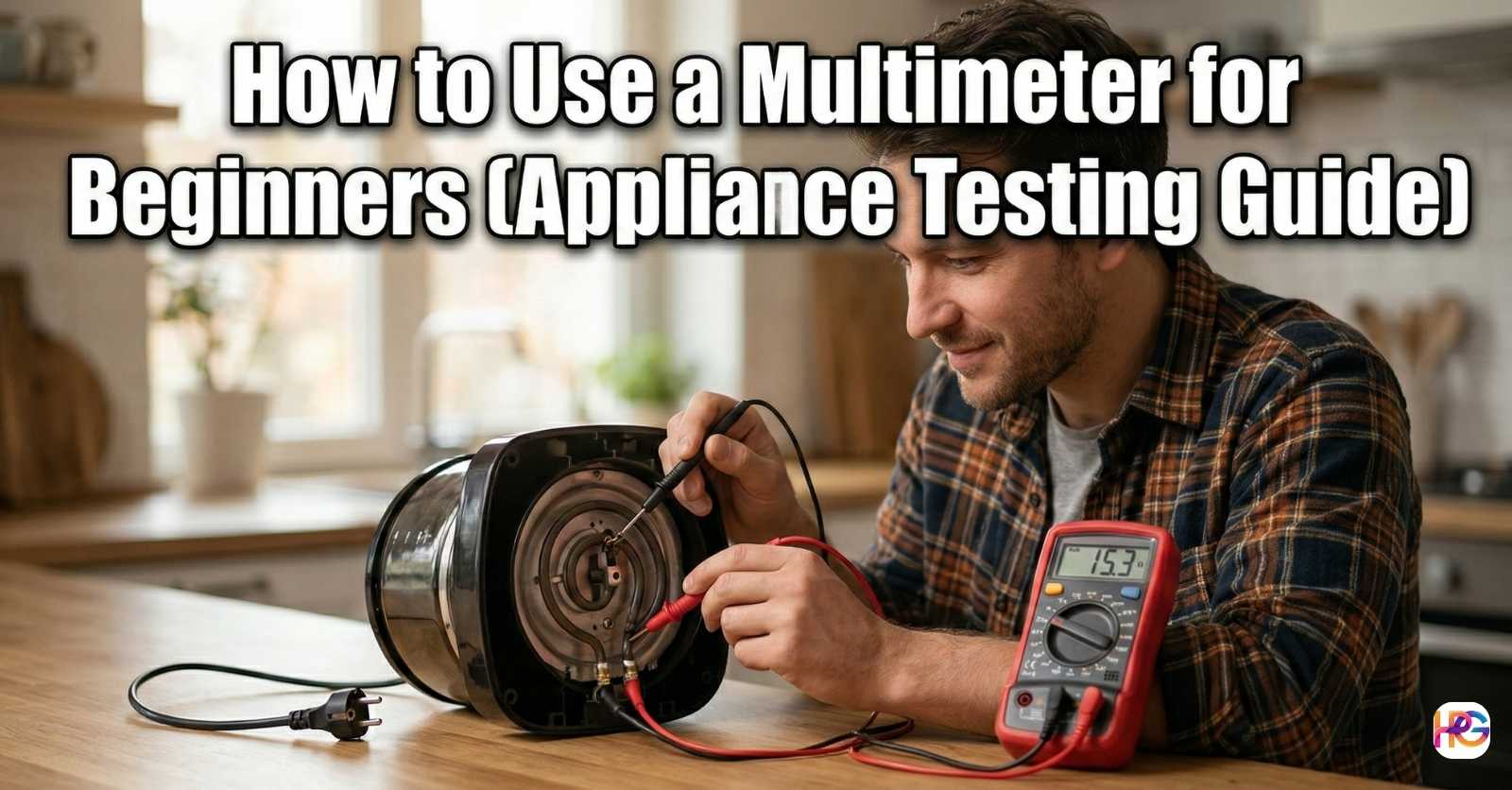 A smiling man safely tests an unplugged appliance heating element using a red digital multimeter on a kitchen counter. Text overlay: How to Use a Multimeter for Beginners (Appliance Testing Guide).