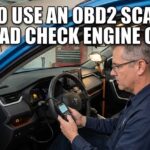 Man sitting in a blue car using an OBD2 scan tool to read check engine codes in a garage.