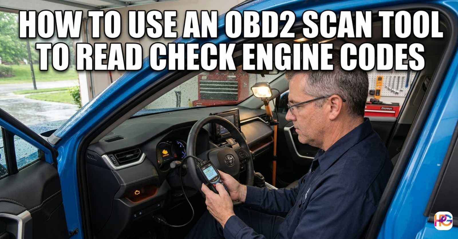 Man sitting in a blue car using an OBD2 scan tool to read check engine codes in a garage.