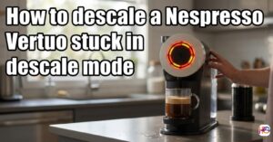 A tabby cat pawing at a Nespresso Vertuo machine with a bright red and yellow glowing light ring on a kitchen counter.