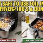 Split-screen image titled "IS IT SAFE TO USE FOIL IN AN AIR FRYER?". The left side shows an air fryer with sparks and a red warning banner against blocking airflow and risking fire. The right side shows safe usage with a green banner advising to use small, perforated foil pieces.