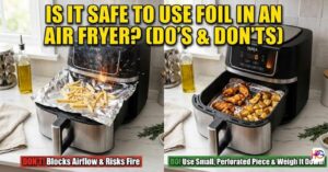 Split-screen image titled "IS IT SAFE TO USE FOIL IN AN AIR FRYER?". The left side shows an air fryer with sparks and a red warning banner against blocking airflow and risking fire. The right side shows safe usage with a green banner advising to use small, perforated foil pieces.