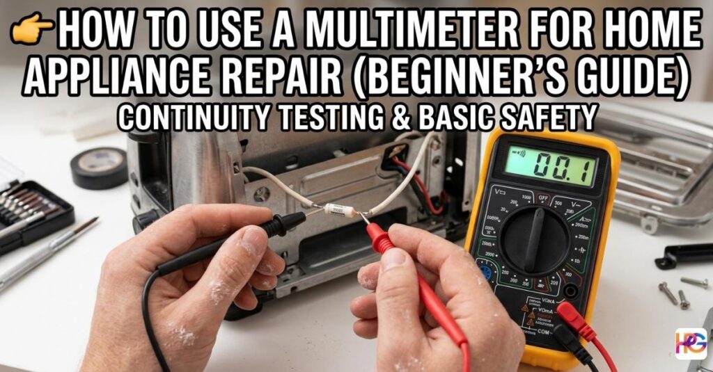 A person using red and black probes of a digital multimeter to test for continuity on a component inside a disassembled toaster.