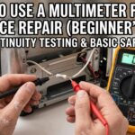 A person using red and black probes of a digital multimeter to test for continuity on a component inside a disassembled toaster.