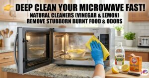 A person cleaning an open microwave with a yellow cloth and blue gloves. A glass bowl of steaming lemon water is inside. Bottles of vinegar and baking soda sit on the kitchen counter nearby.