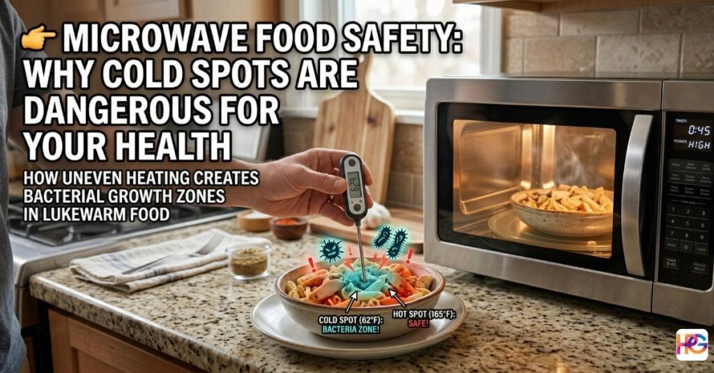 A person uses a digital thermometer on a bowl of food to show a 62°F cold spot. Bold text explains microwave food safety and the danger of bacterial growth zones.