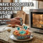 A person uses a digital thermometer on a bowl of food to show a 62°F cold spot. Bold text explains microwave food safety and the danger of bacterial growth zones.