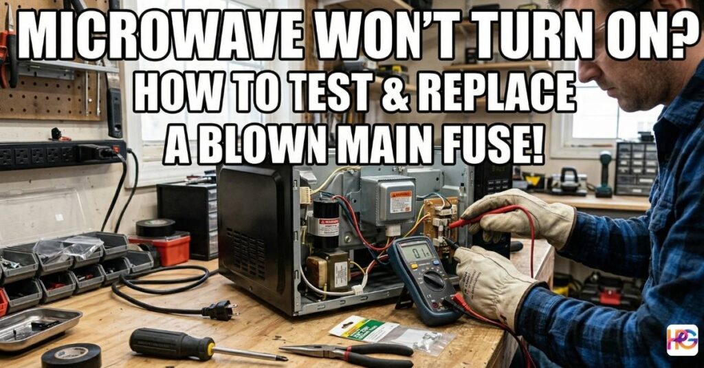 A person wearing heavy work gloves uses a digital multimeter to test a small fuse inside an open microwave on a wooden workshop bench surrounded by tools.