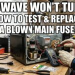 A person wearing heavy work gloves uses a digital multimeter to test a small fuse inside an open microwave on a wooden workshop bench surrounded by tools.