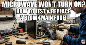 A person wearing heavy work gloves uses a digital multimeter to test a small fuse inside an open microwave on a wooden workshop bench surrounded by tools.