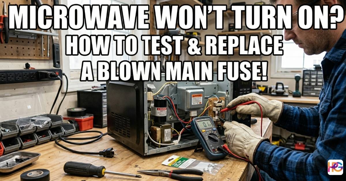 A person wearing heavy work gloves uses a digital multimeter to test a small fuse inside an open microwave on a wooden workshop bench surrounded by tools.