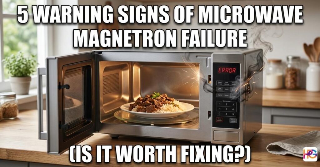 A smoking and sparking microwave on a kitchen counter with an "ERROR" display and large text that says: 5 Warning Signs of Microwave Magnetron Failure (Is It Worth Fixing?)