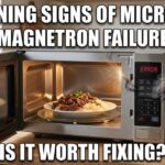 A smoking and sparking microwave on a kitchen counter with an "ERROR" display and large text that says: 5 Warning Signs of Microwave Magnetron Failure (Is It Worth Fixing?)