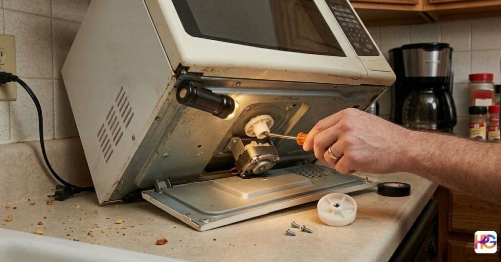 A close-up view of a person using an orange-handled screwdriver to repair the internal turntable motor and coupler of a tilted-back microwave oven, illuminated by an attached flashlight on a kitchen counter with scattered crumbs and screws.