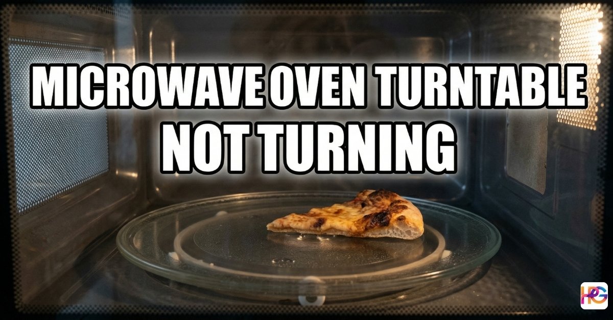 A microwave oven interior showing a single slice of pizza on a glass turntable with bold white text overlay reading "MICROWAVE OVEN TURNTABLE NOT TURNING."