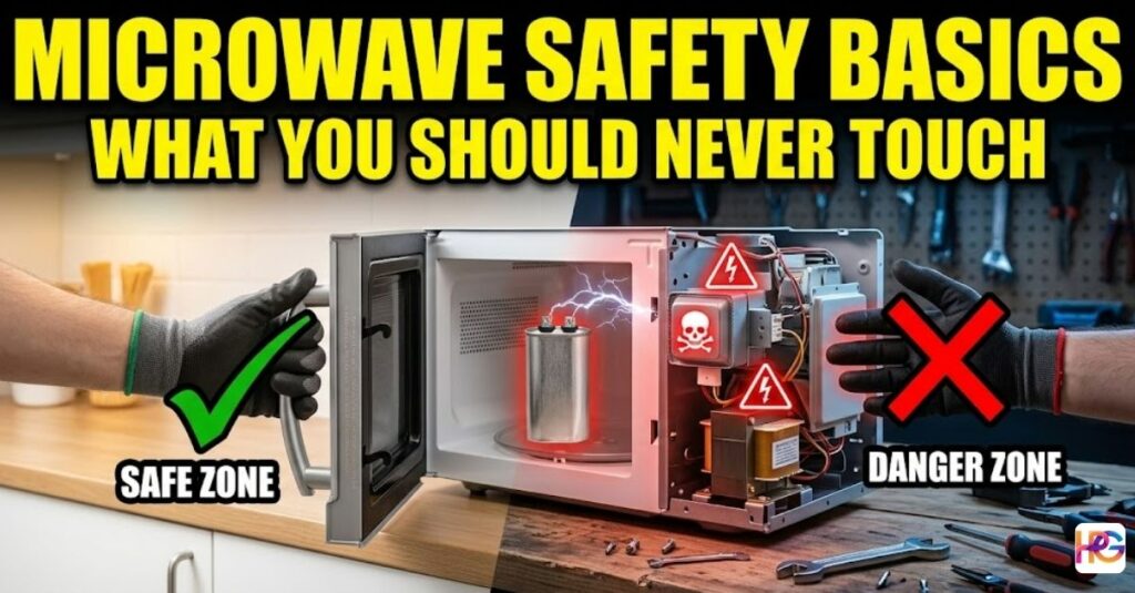 A visual guide to Microwave Safety Basics showing the safe external zones versus the dangerous internal high-voltage capacitor and magnetron.